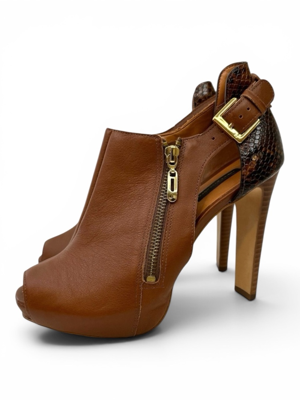 Jorge Bischoff Brown Leather Peep Toe Platform Heels 6.5